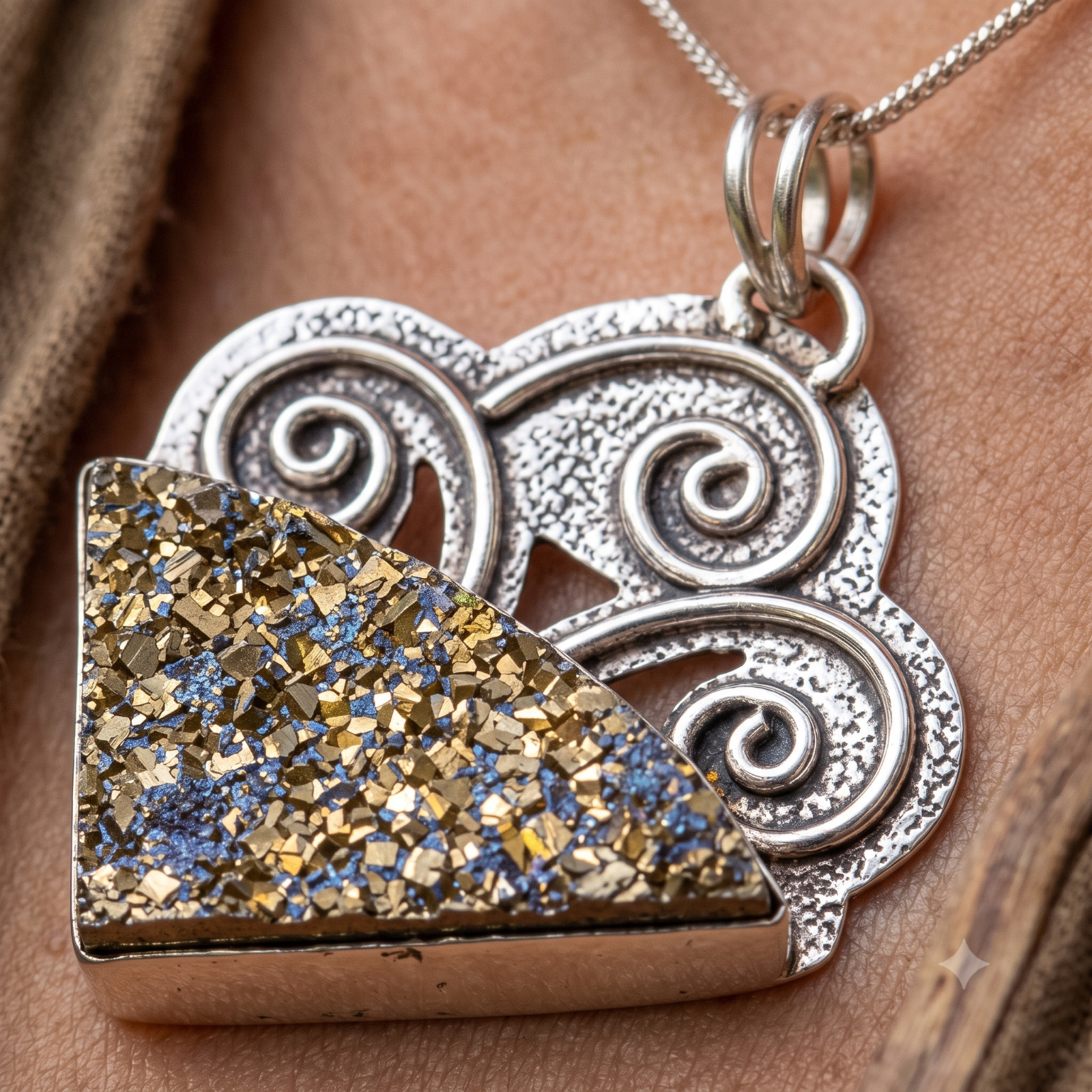 Fancy Pyrite Druzy Elegant Channel Set Trendy Mother New Pendant Sterling Silver
