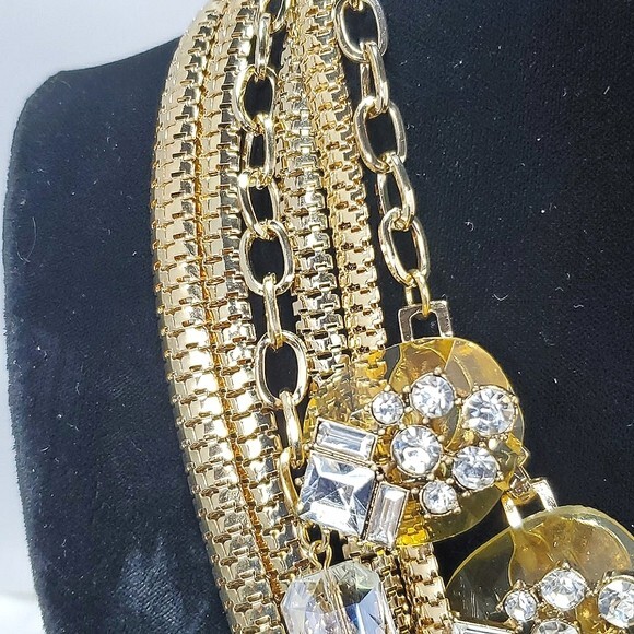 SHOP HQ multi chain and crystal station gold tone necklace 6 strands NWT