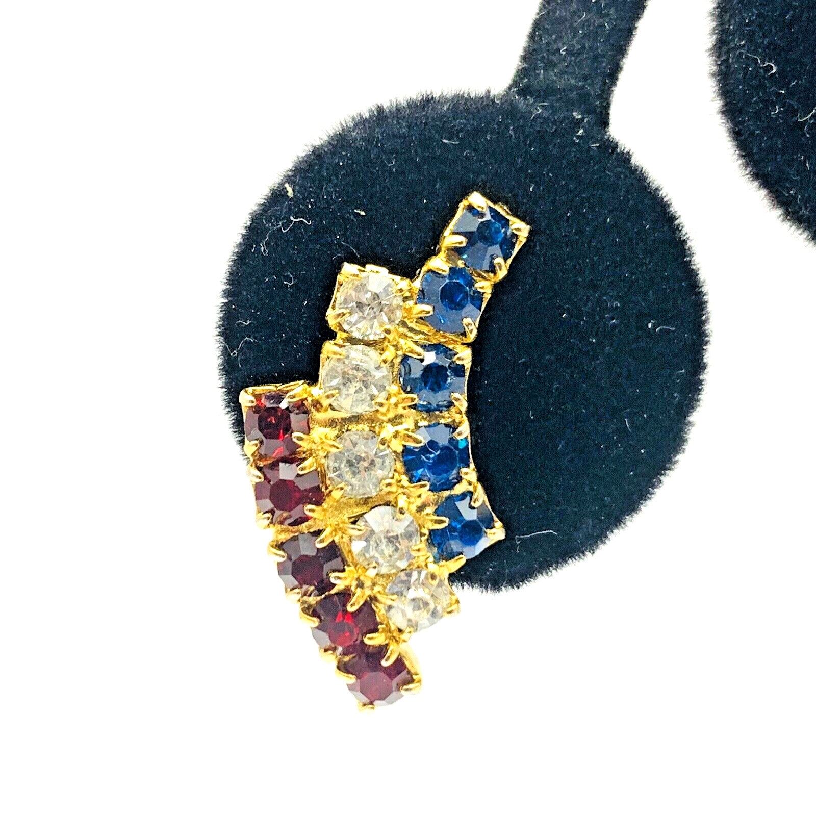 Vintage Patriotic Red White (Clear) Blue Rhinestone Clip On Earrings Gold Tone