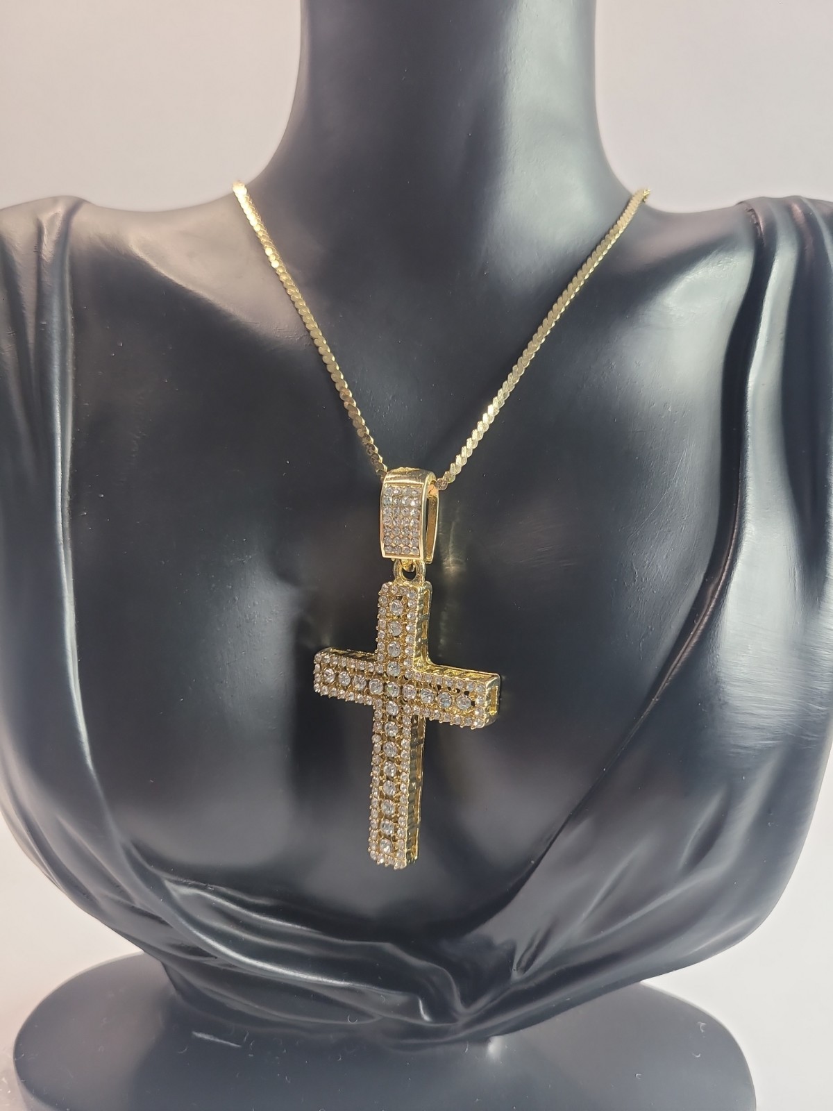 Gold Tone Iced Out Cross Pendant Necklace Clear Rhinestone Pave Hip Hop Style