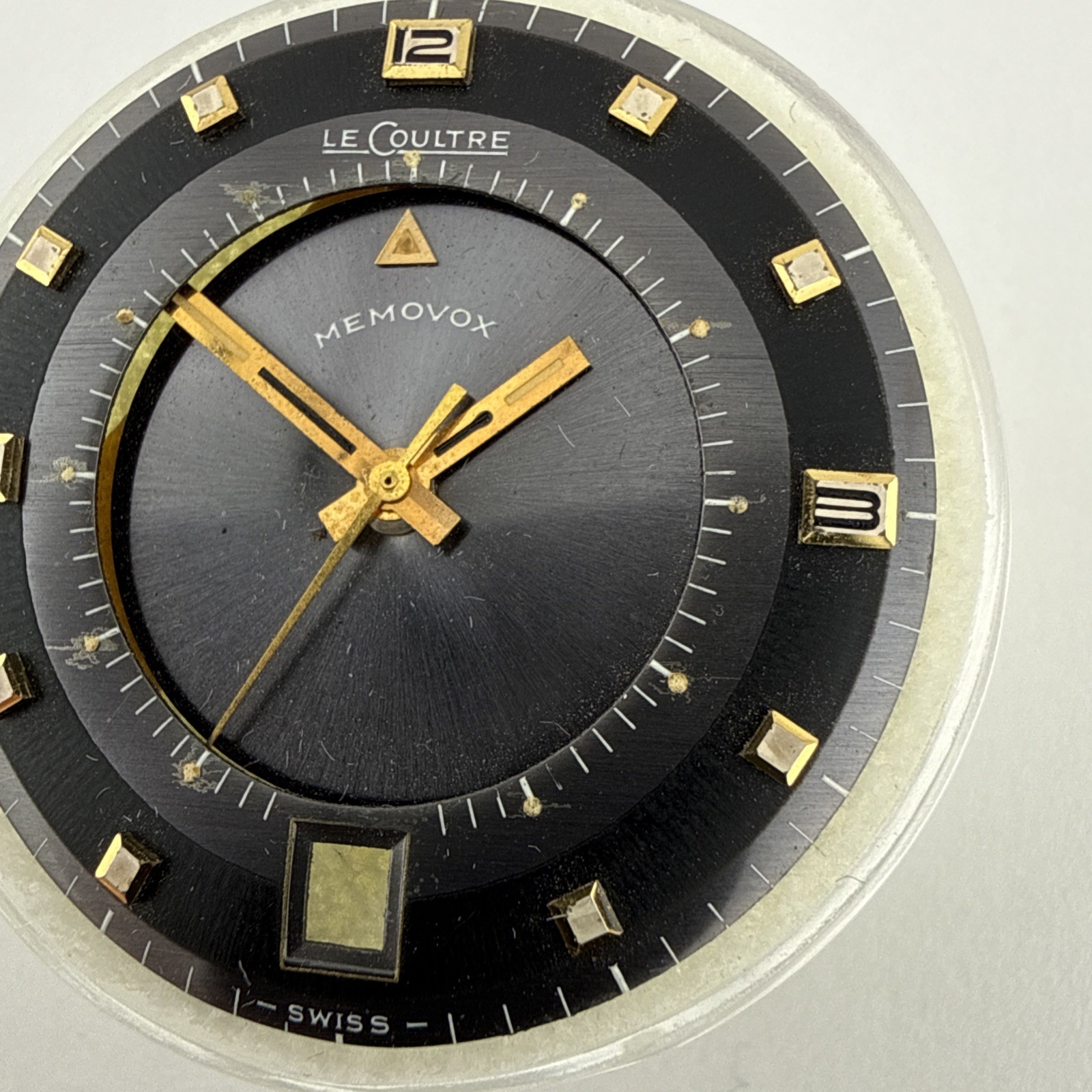 Vintage Jaeger Lecoultre Memovox Alarm Black & Gold Dial Set W/ Hands 30.5mm