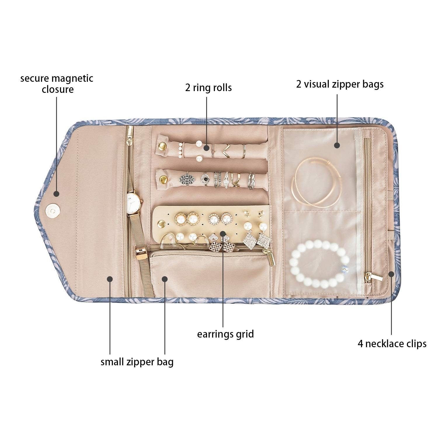 Travel Jewelry Organizer Roll – Foldable Case for Rings, Necklaces, Bracelets, E
