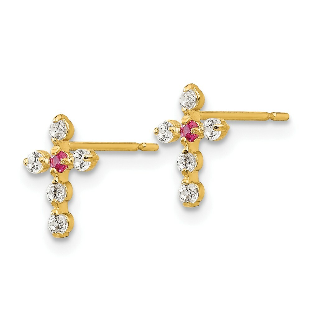 14K Yellow Gold White & Red CZ Cross Stud Earrings Madi K Children’s Jewelry