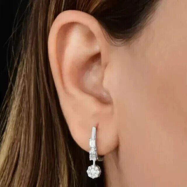 2Ct Round Cut Simulated Diamond Fancy Drop Clip On Earring 14K White Gold Plated