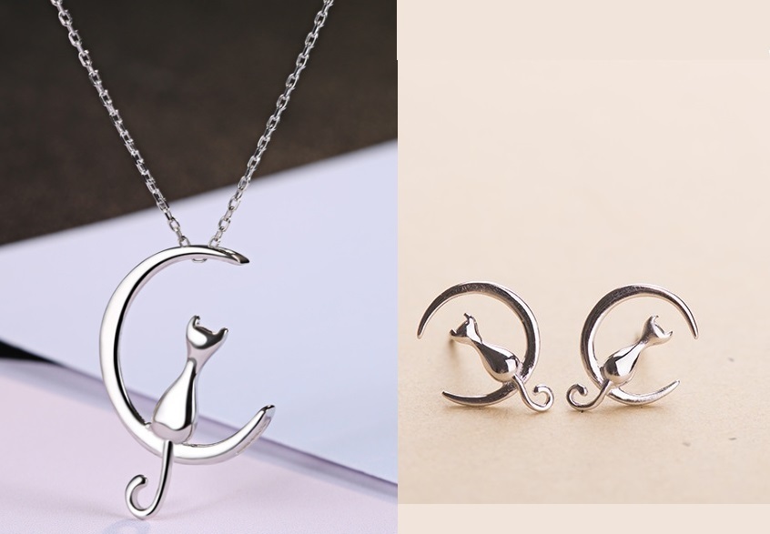 18″ Sterling Silver Moon Cat Pendant Stud Earrings Necklace Set Gift Box L17