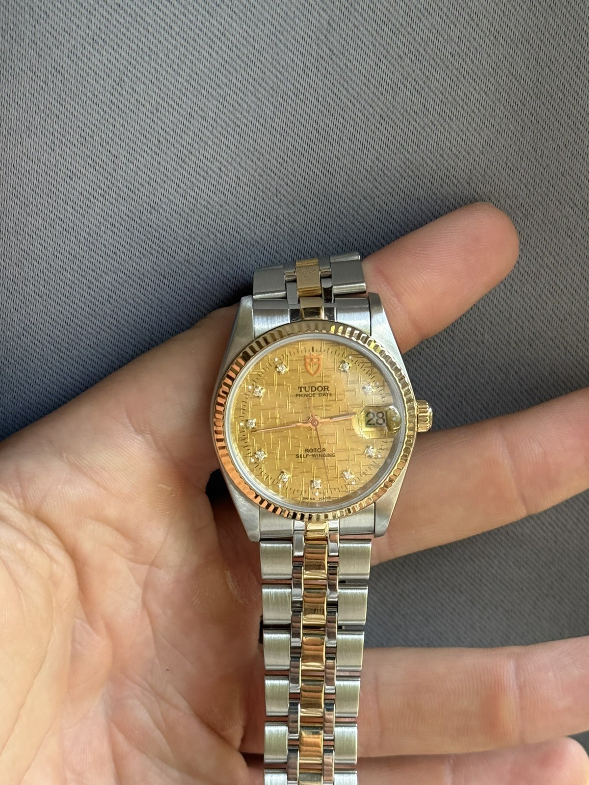 Tudor Prince Date 18K Gold & SS Gold Linen Diamond Dial Auto Watch 74033 w/ B&P