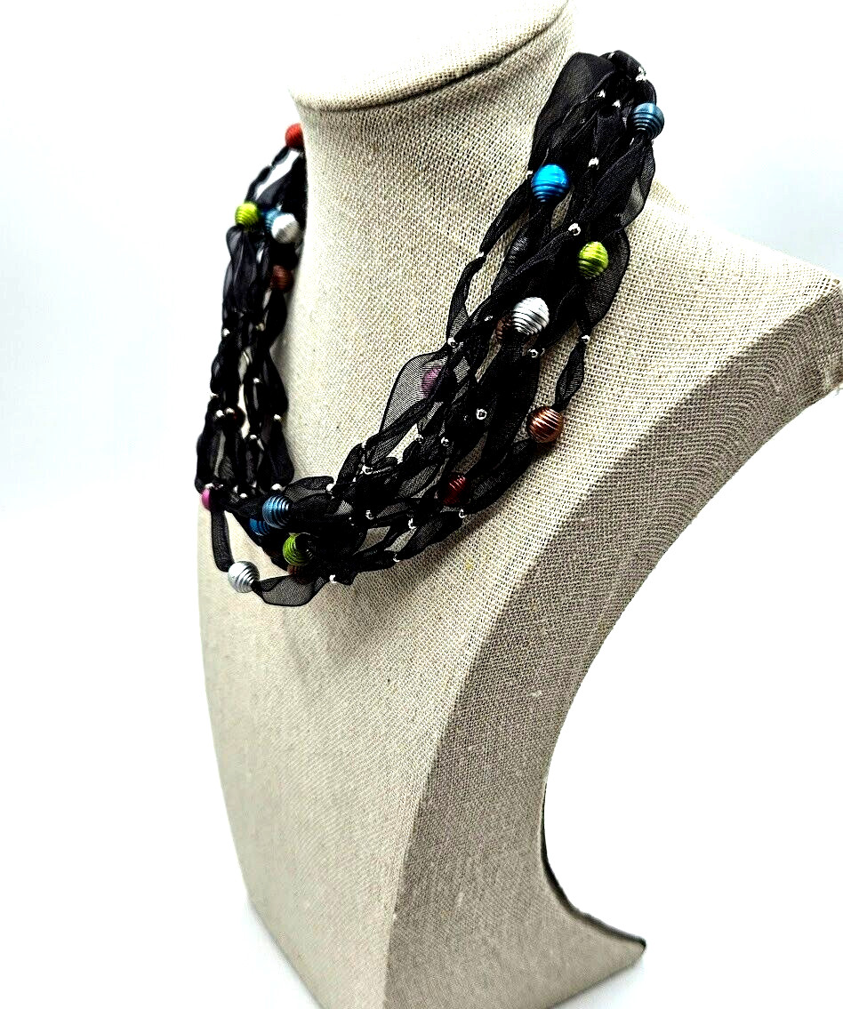 Black Laced Necklace 9 Strands SilverToned Dainty Beaded Cluster Multicolor 16″
