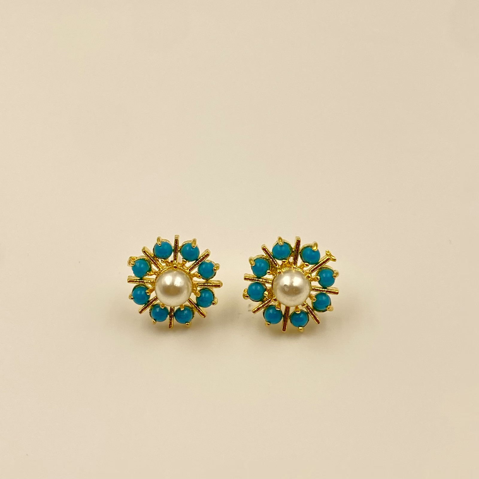 Handmade Turquoise, Coral & Pearl Gem Stud Earrings Set | Gold Plated Jewelry
