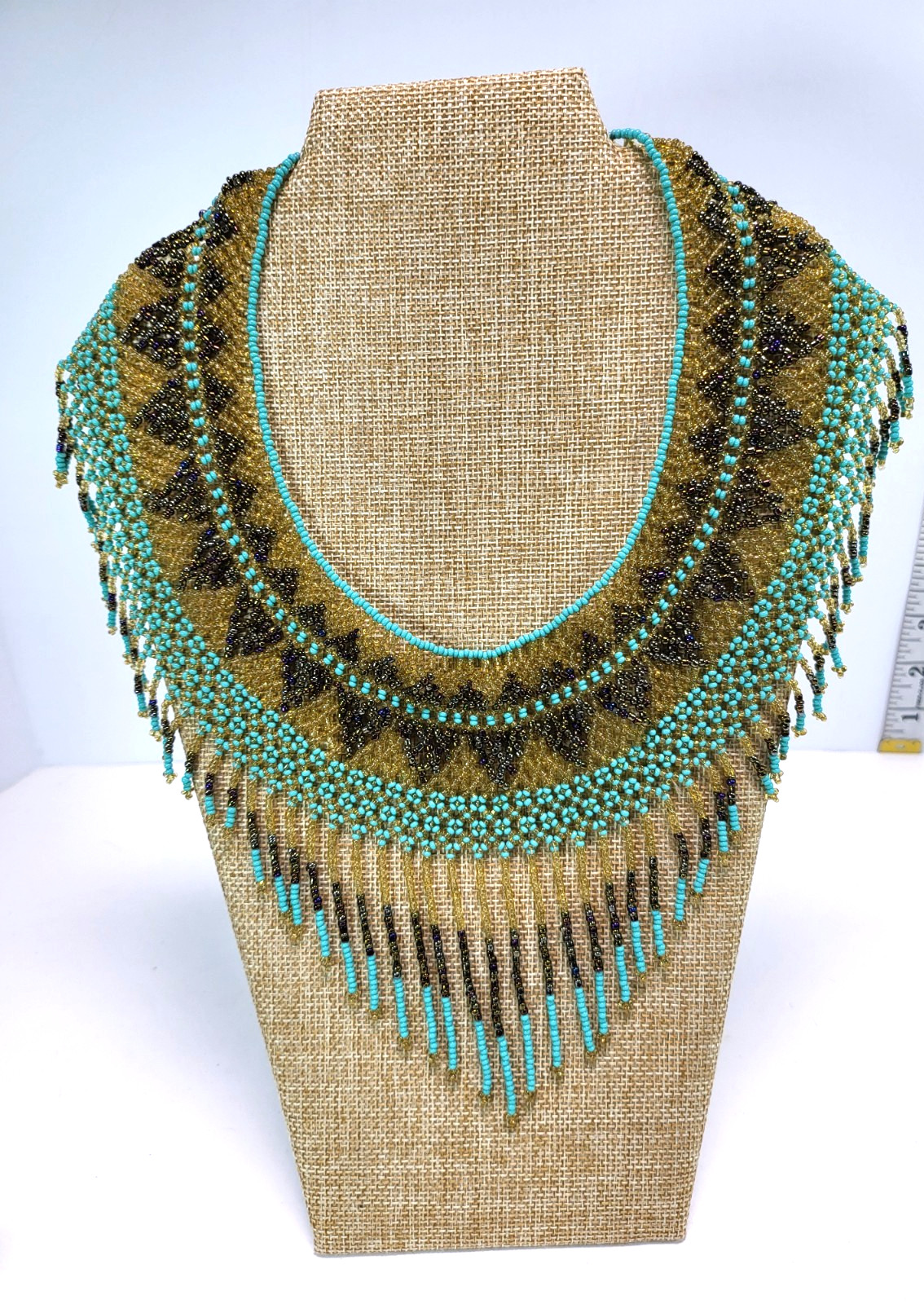 Hand Beaded Collar Bib Necklace Glass Beads Turquoise Blue Golden Browns