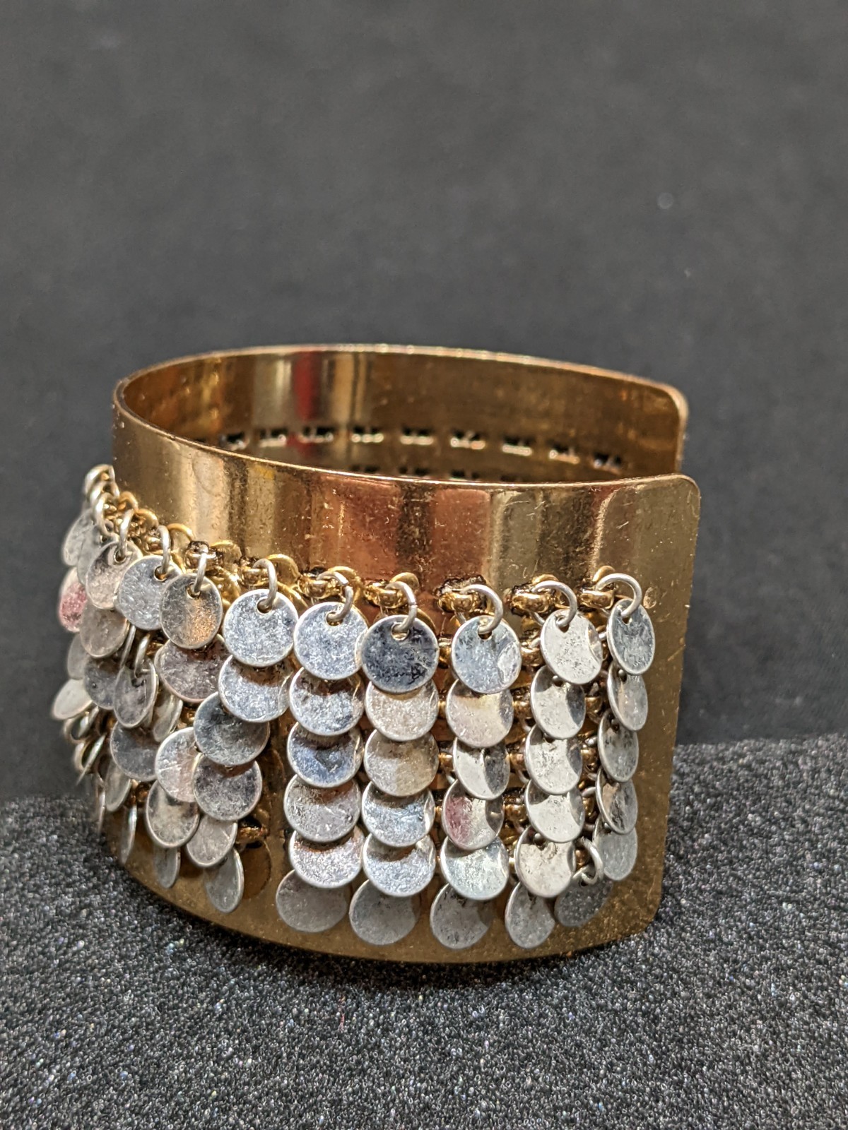 Zara Gold & Silver Tone Wide Cuff Bracelet Silver Disc Fringe Statement 7.0″ New