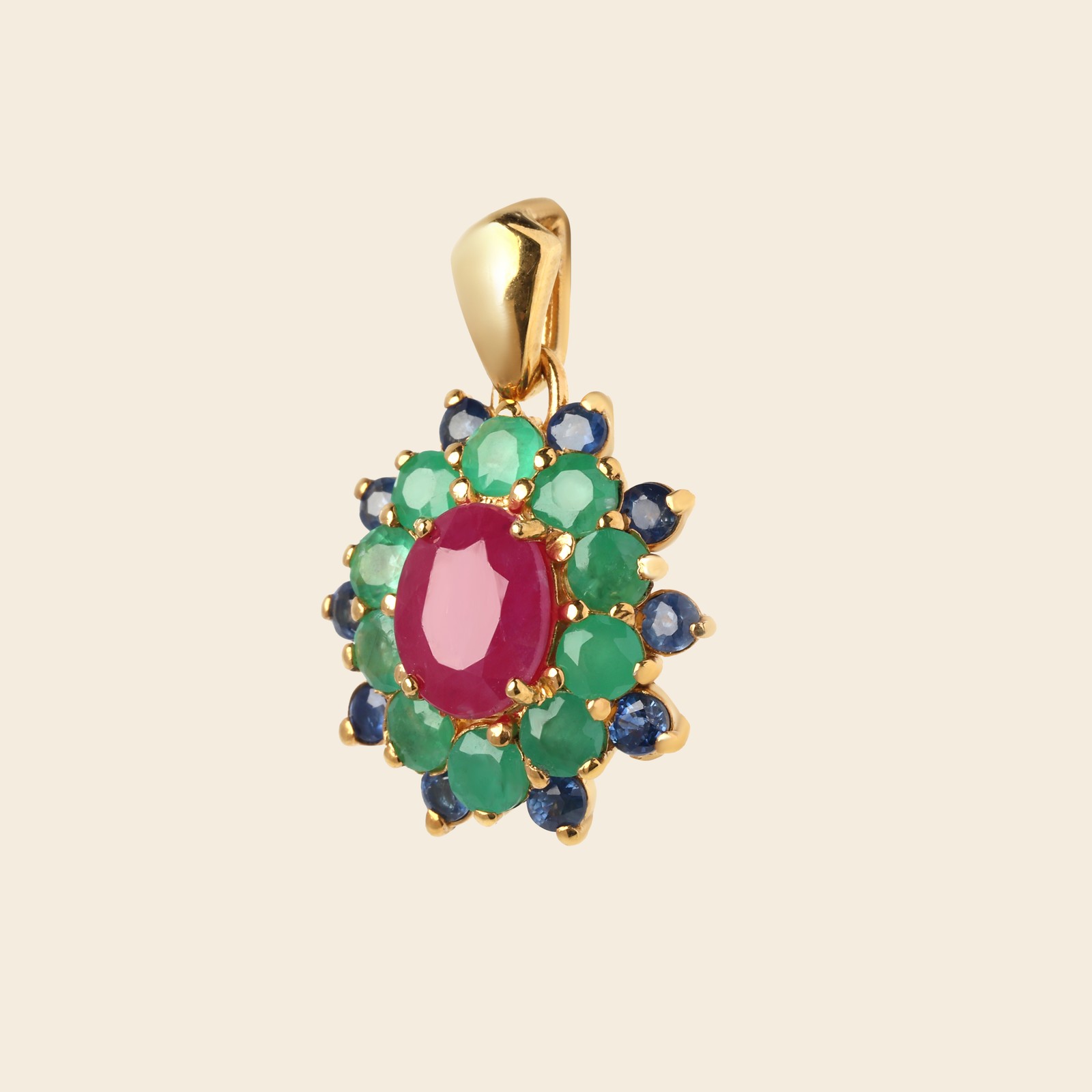 Natural Ruby Emerald Sapphire Pendant 18k Gold Handmade Gift for Her Size 2.3cm