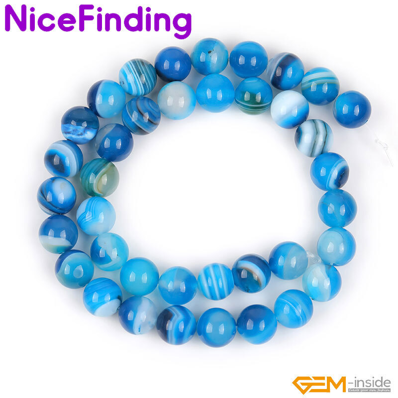 Natural Round Blue Smooth Sardonyx Agate Banded Beads For Jewelry Making 15”