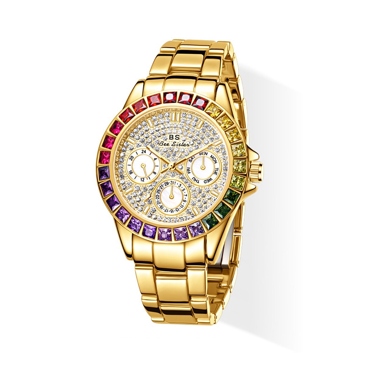 Rainbow Crystal Bezel Women Watch Gold Tone Colored Gems Women’s Wrist Watch