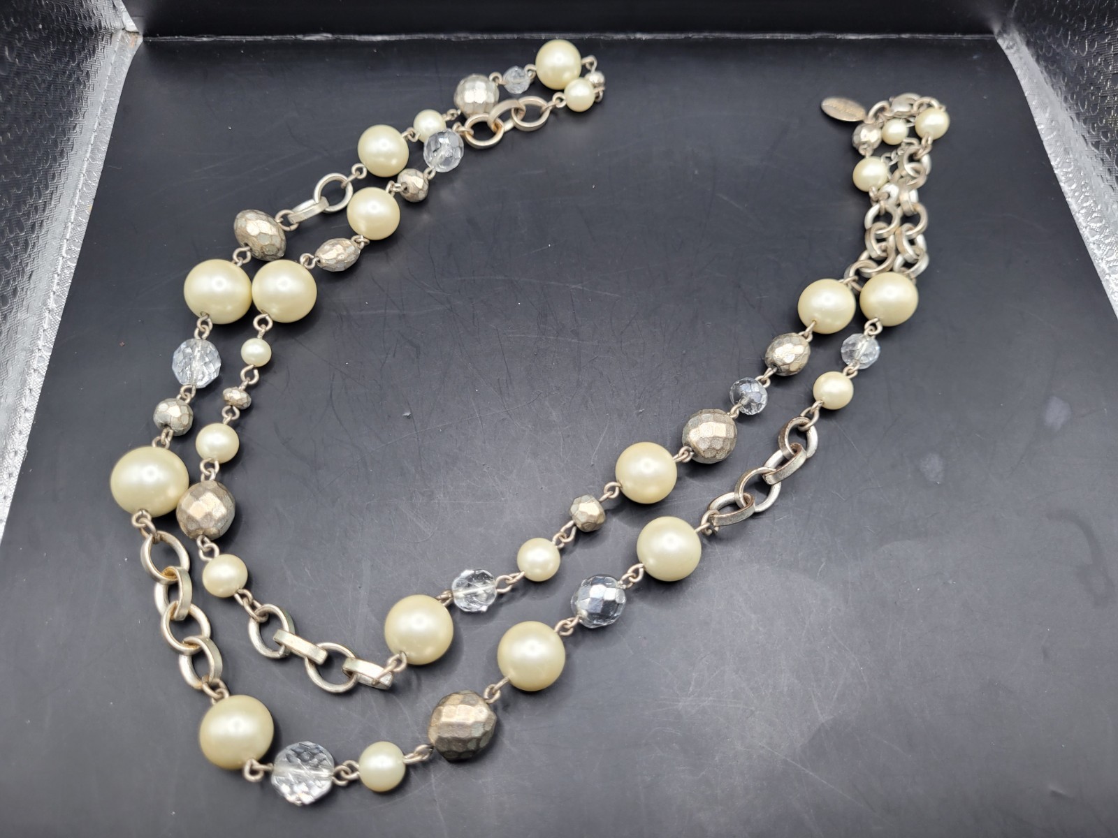 White House Black Market Layered Faux Pearl Bead Necklace Silver Tone