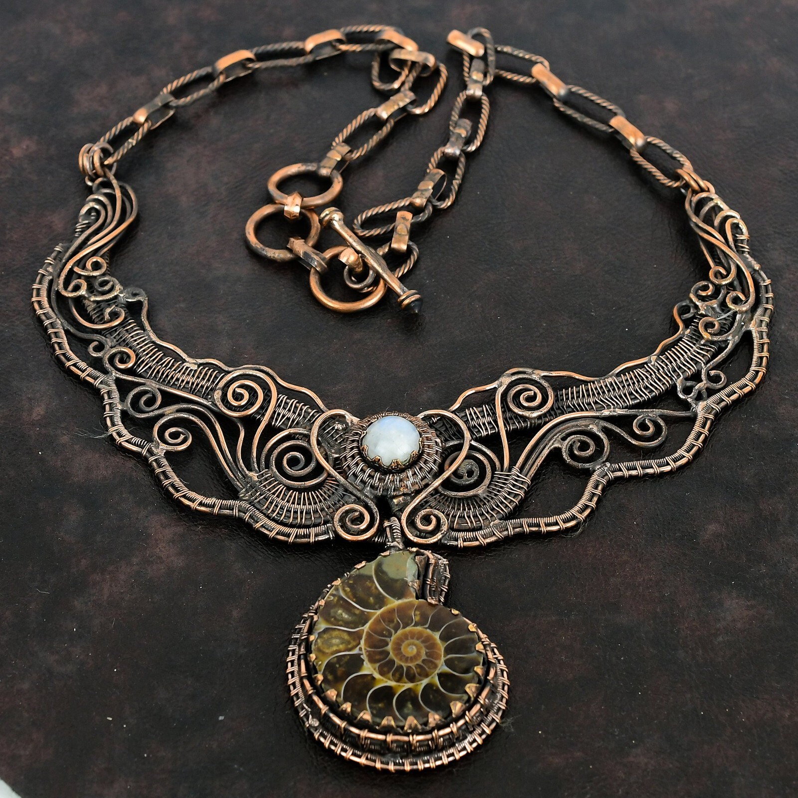 Ammonite Fossil Copper Gift For Mom Wire Wrapped Chain Adjustable Necklace 18.0″