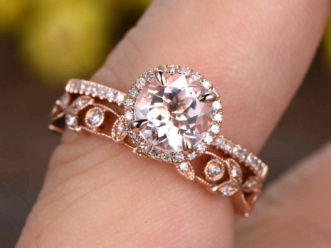 4.00Ct Round Cut Morganite Bridal Set Halo Engagement Ring 14K Rose Gold Finish