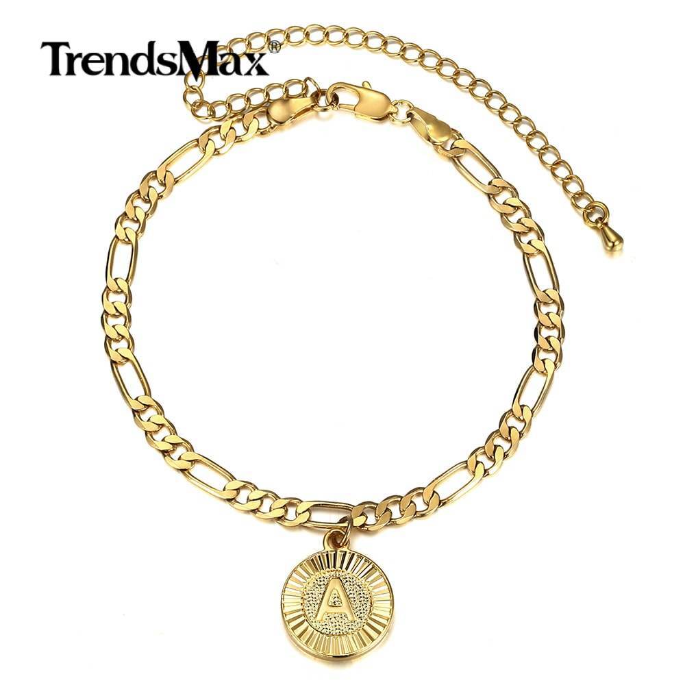 Figaro Chain Initial A-Z Anklet Bracelet Gold Plated Stainless Steel Summer Hot