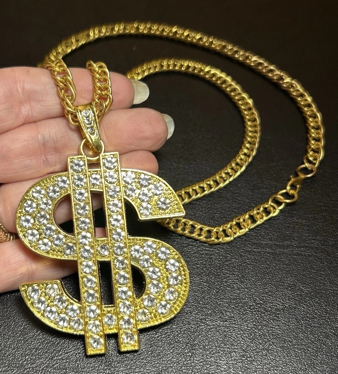 Hip Hop Jewelry Dollar Sign Rhinestone Pendant Golden Chain Necklace 28″ 103