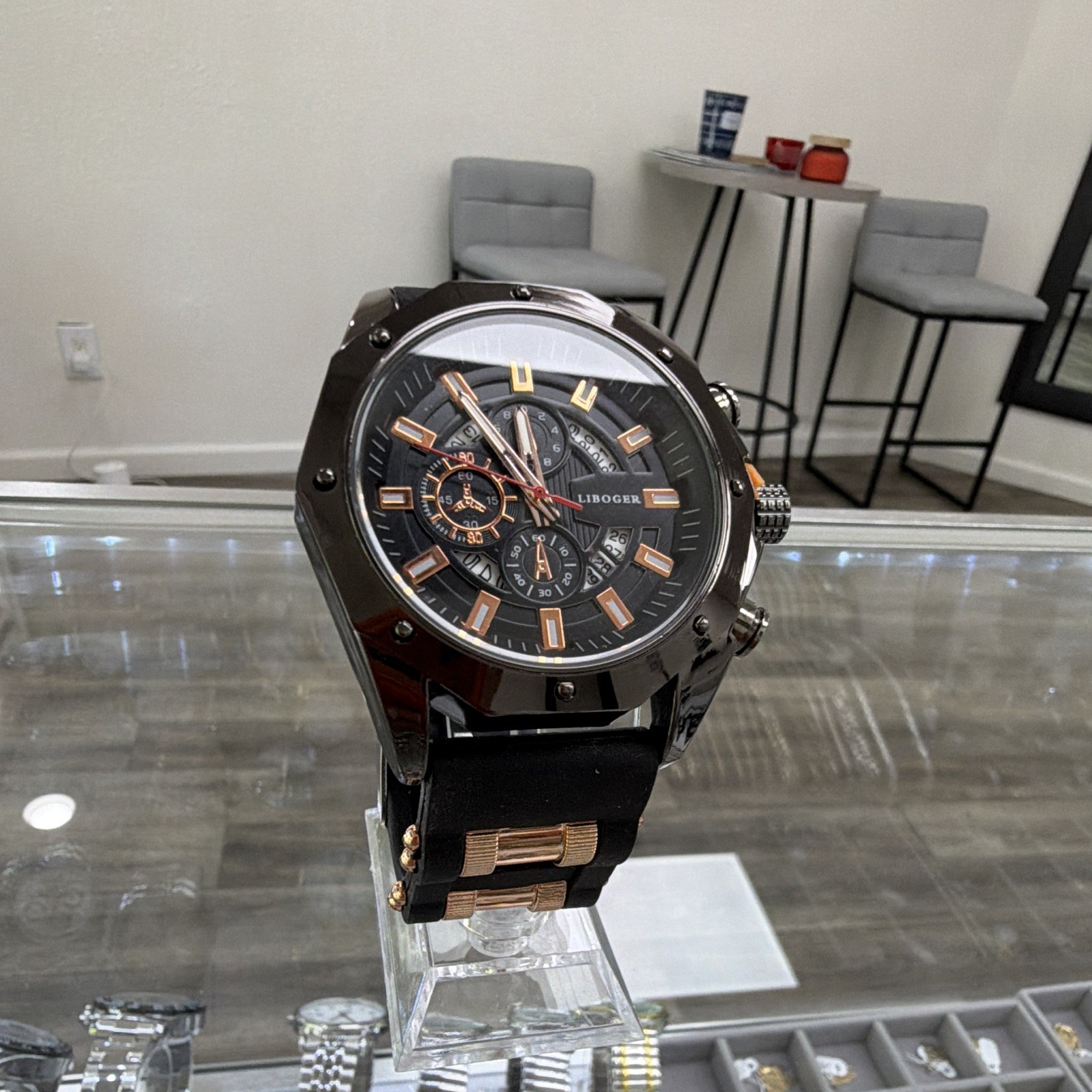 LIBOGER Men’s Quartz Analog Watch Black Dial Multi-Dial Date 44-47.9mm