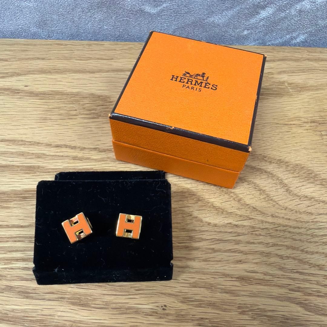 HERMES Orange H Logo Earrings