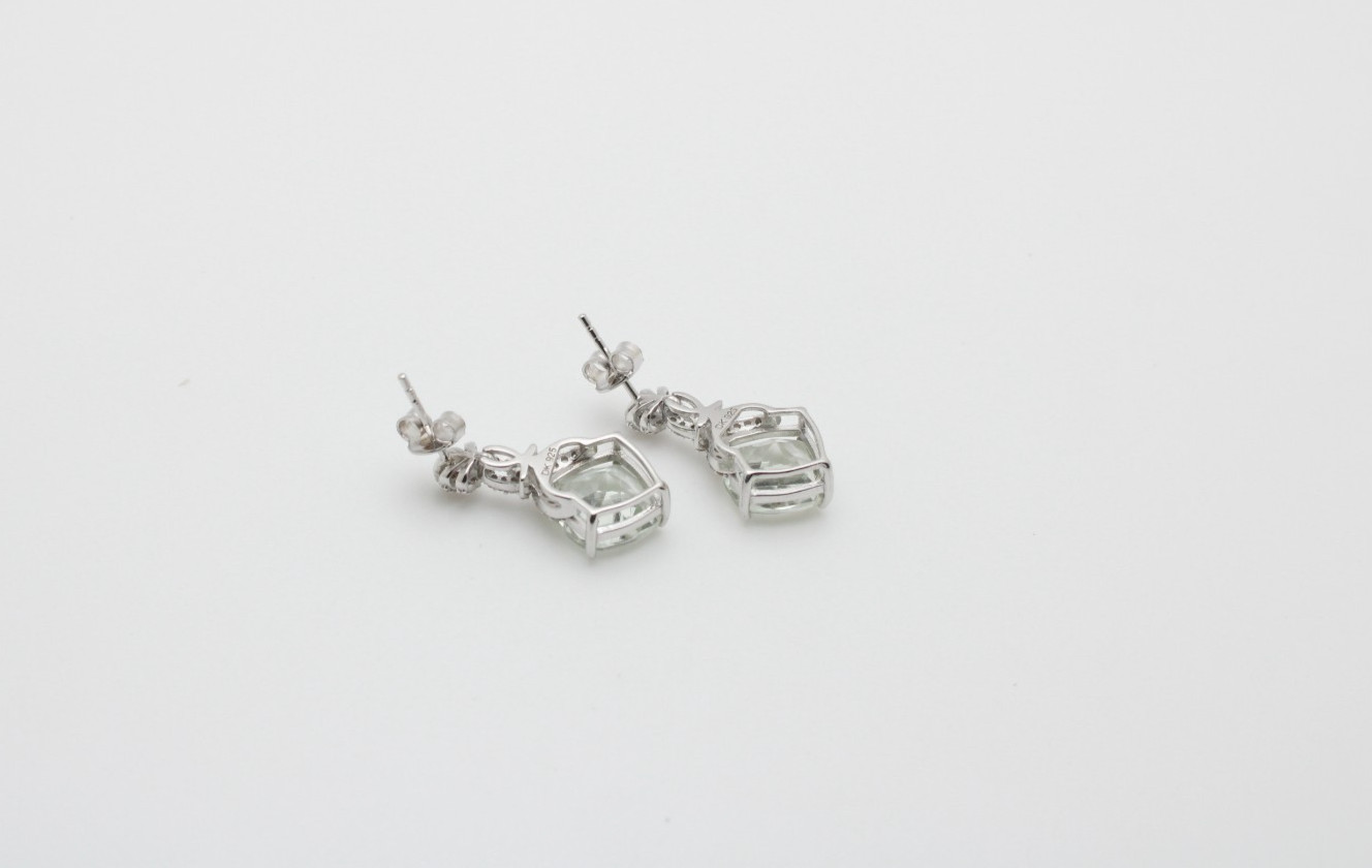 925 Sterling Silver Green Apatite Cushion Burst Clear Stone Fancy Earrings