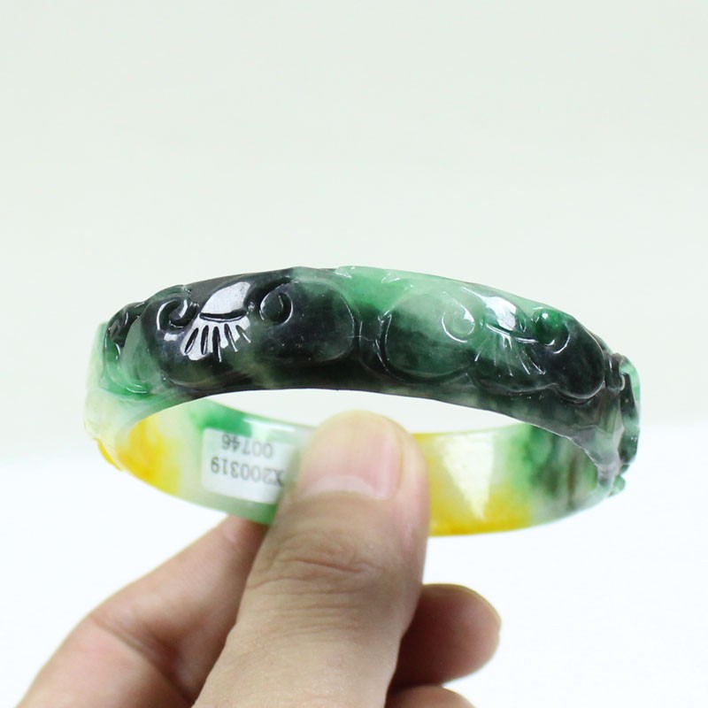 61mm Real Natural Ice Multicolor Burmese Jade jadeite Carving Bracelet Bangle