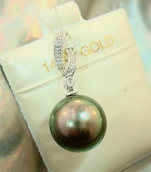 14k White Gold 13.7mm 17.45Cts Black Tahitian Pearl 0.045Cts Diamond Pendant #3