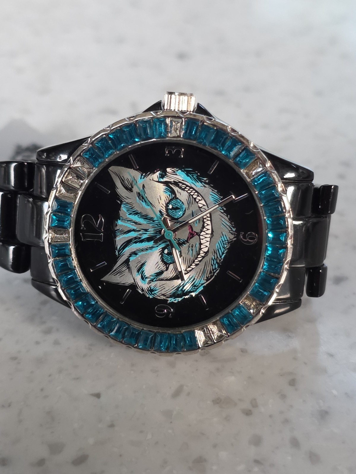 VTG Disney Cheshire Cat Teal Crystal Bezel Accutime Alice In Wonderland W (23C)