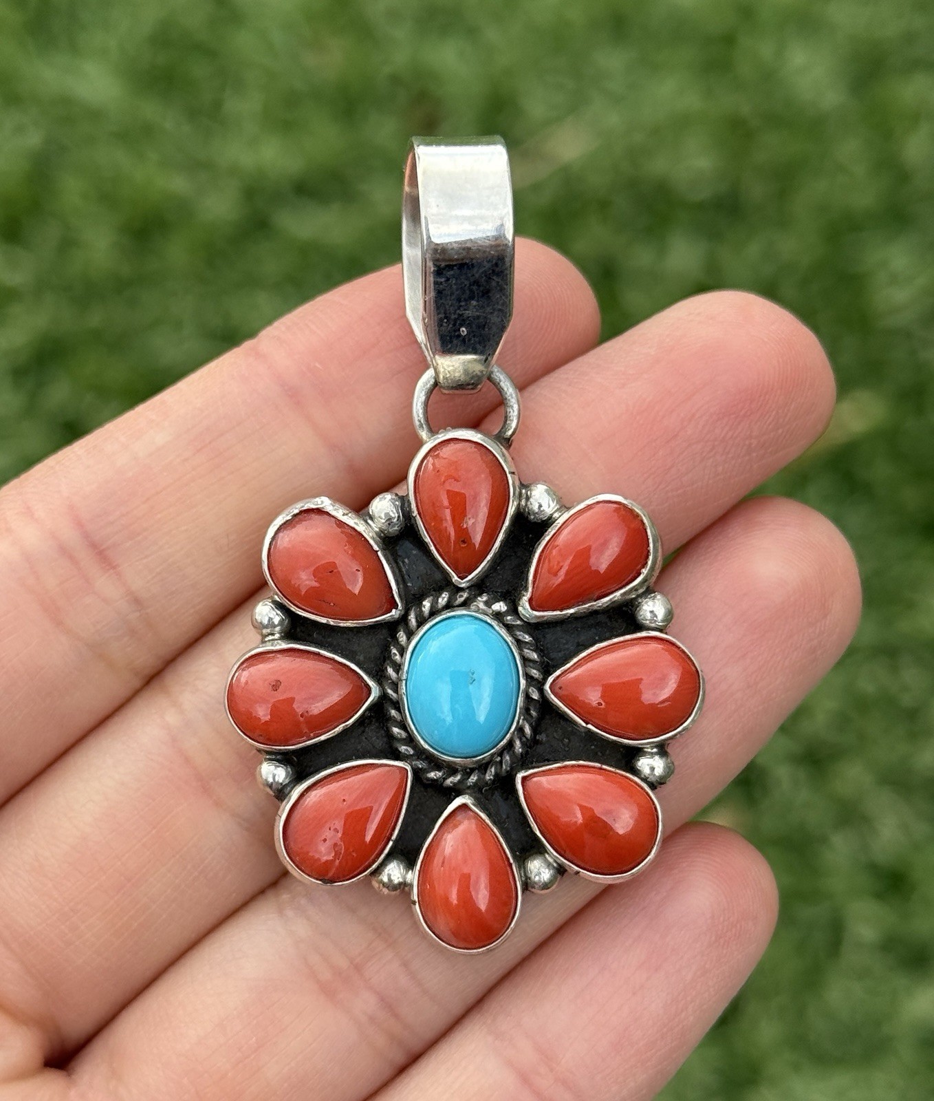 Navajo Sterling Silver Red Coral Turquoise Cluster Pendant LY
