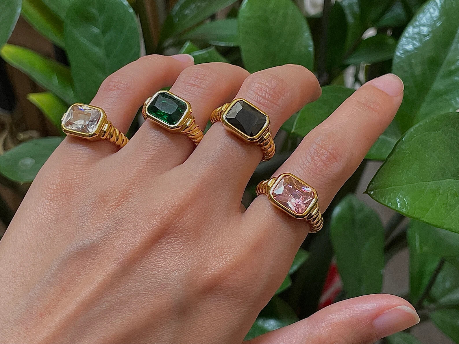 Women’s Gold Plated Ring Chunky Gold Gemstone Ring Colorful CZ Ring Gold Rings