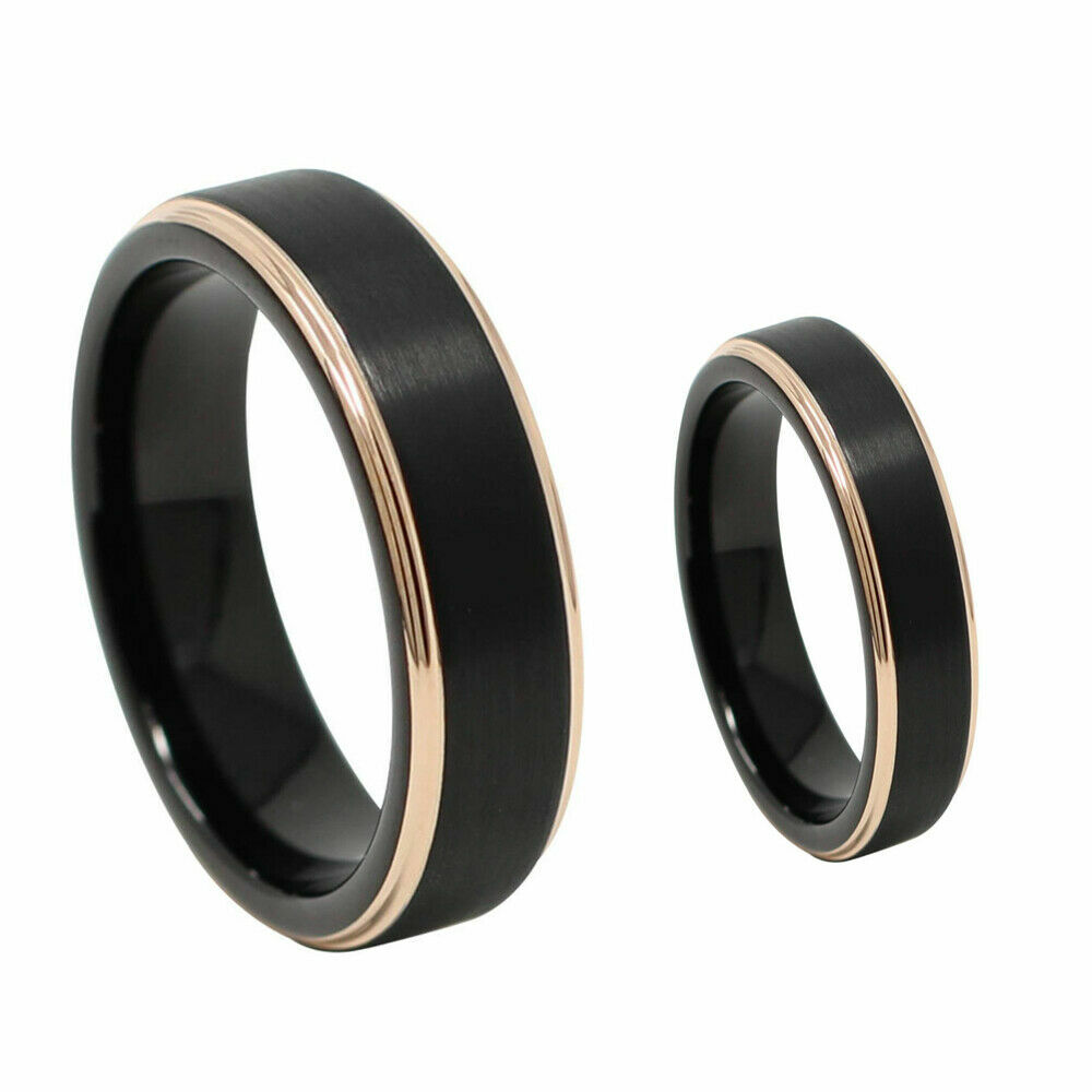 Free Engraving – Tungsten Carbide Black & Rose Step Edge Wedding Band Ring Set