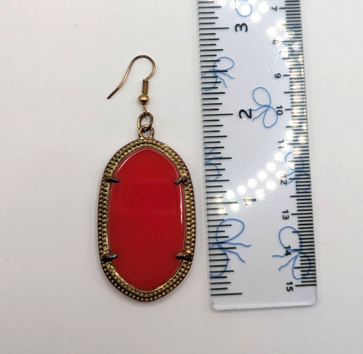 Red Orange Semi-Transparent Oval Gold-tone Hammered Dangle Drop Earrings
