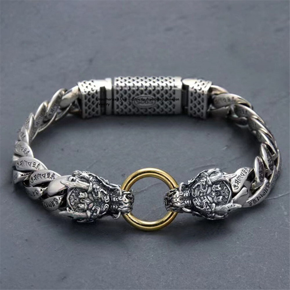 Pure S925 Sterling Silver Chain Double Dragon Head Curb Link Bracelet 7.9-8.67in