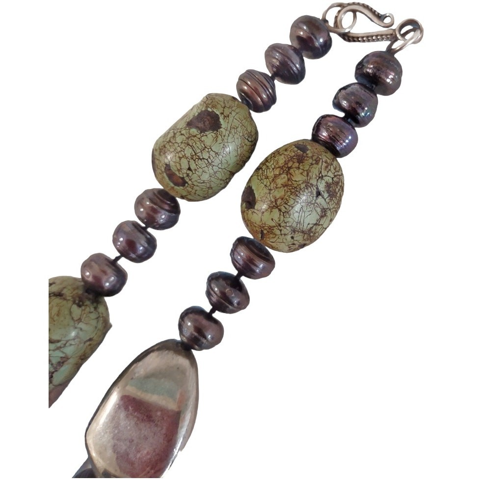 Chunky Jasper Stone Statement Necklace Organic Stones Beads Southwestern Silver