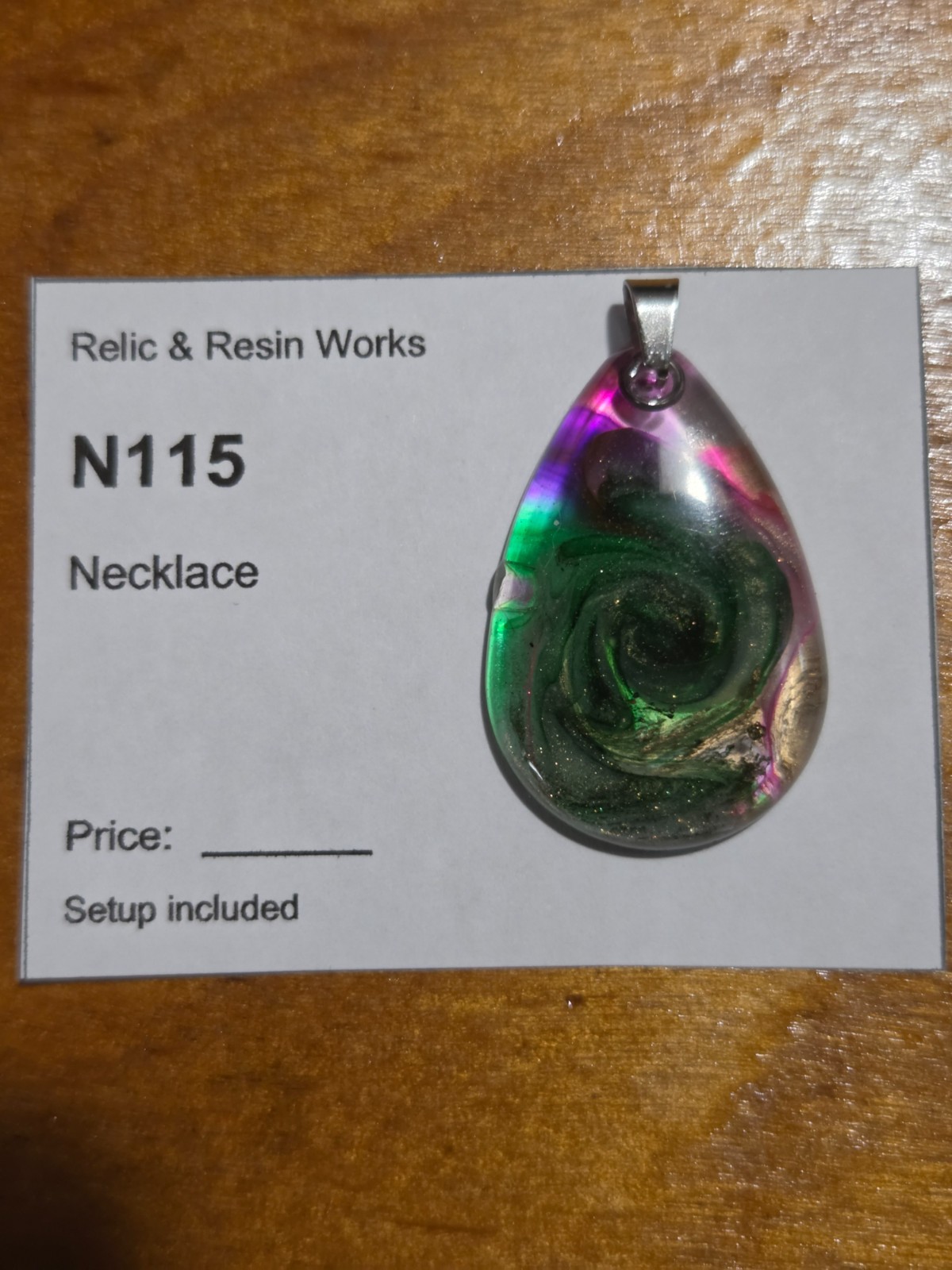 OOAK Green Pink Spiral Petri Effect Resin Teardrop Pendant N115