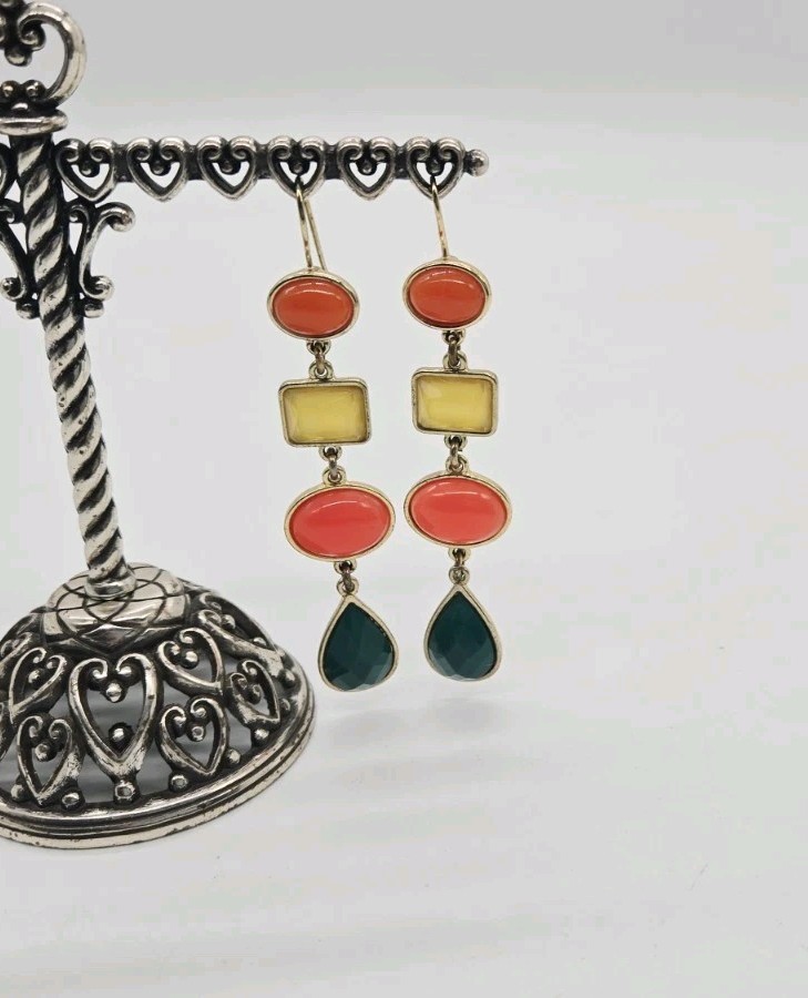 Liz Claiborne Geometric enamel Dangle Earrings 80s Retro Green Orange Yellow 3 “