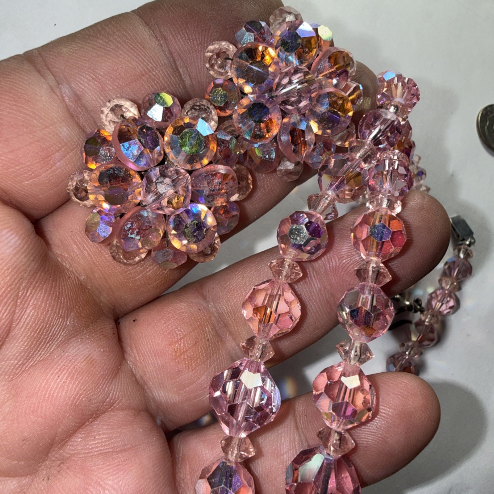 Necklace Bracelet Earrings Set Pink AB Crystal Vintage Marriage?