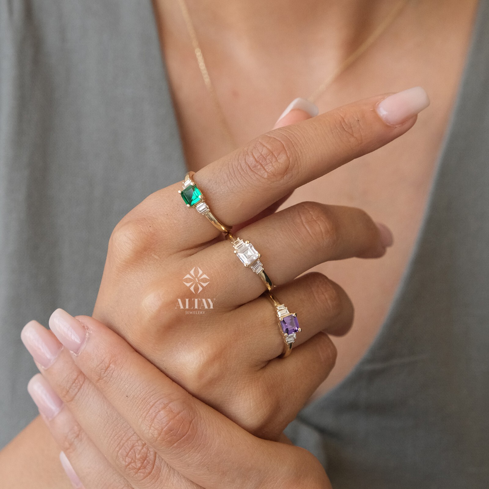 14K Gold Engagement Ring, Art Deco Gold Baguette Ring, Gemstone Anniversary Ring