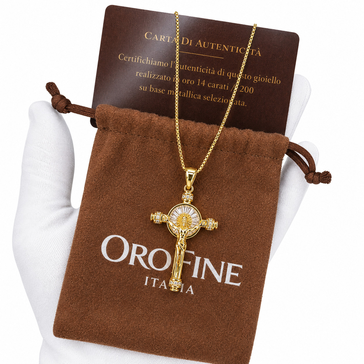 Italian 1/200 Iced CZ Baguette 14k Yellow Gold Oro Jesus Cross Crucifix Pendant