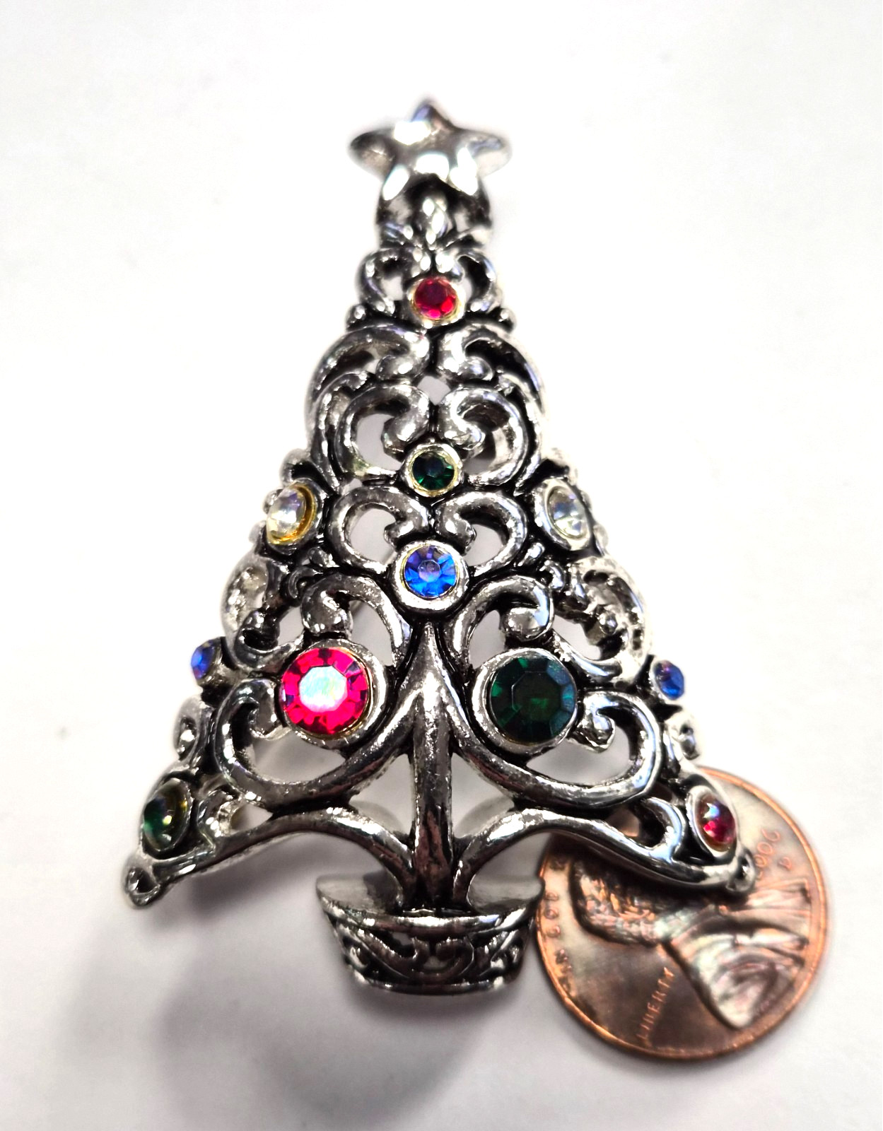 Estate Silver Tone & Rhinestone Christmas Tree Open Scroll Pendant Pin / Brooch