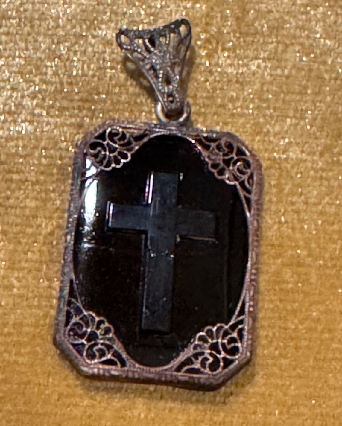 Antique Ornate Border with Black Onyx Mourning Pendant Etched Cross & Star Prism