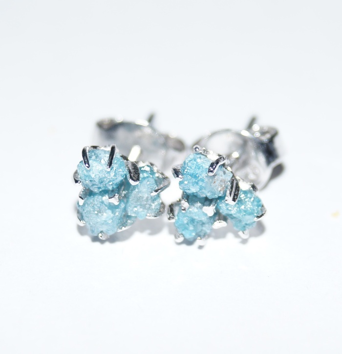 1.45TCW NATURAL ROUGH GREENSIH BLUE UNCUT RAW DIAMOND EARRING 925 SILVER STUD