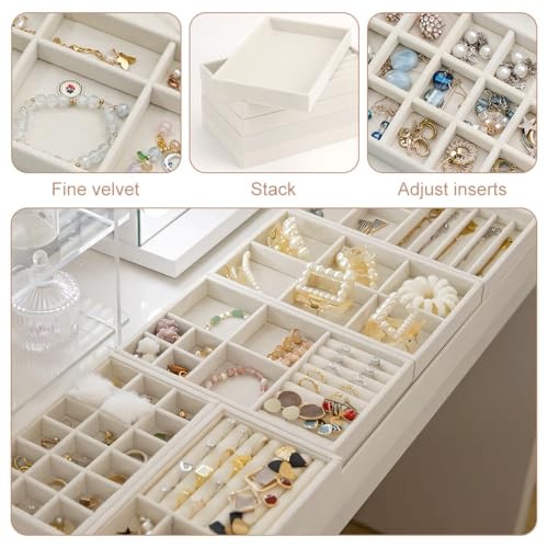 10 Pack Jewelry Organizer Tray Drawer Inserts Stackable Velvet Liner Beige