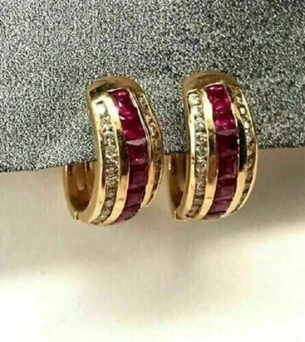 2.50Ct Lab-Created Ruby Clip On Huggie Hoop Earrings 14K Yellow Gold Plated
