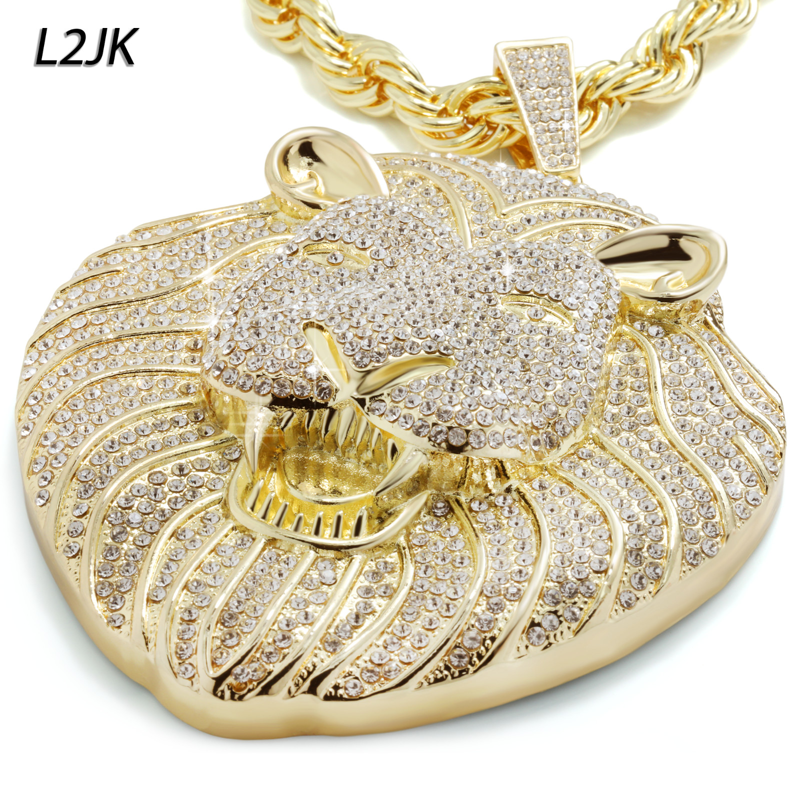 14K Rope Chain Necklace 10mm 24″ & 30″ | Huge Lion Face Gold Plated XXL Hip Hop