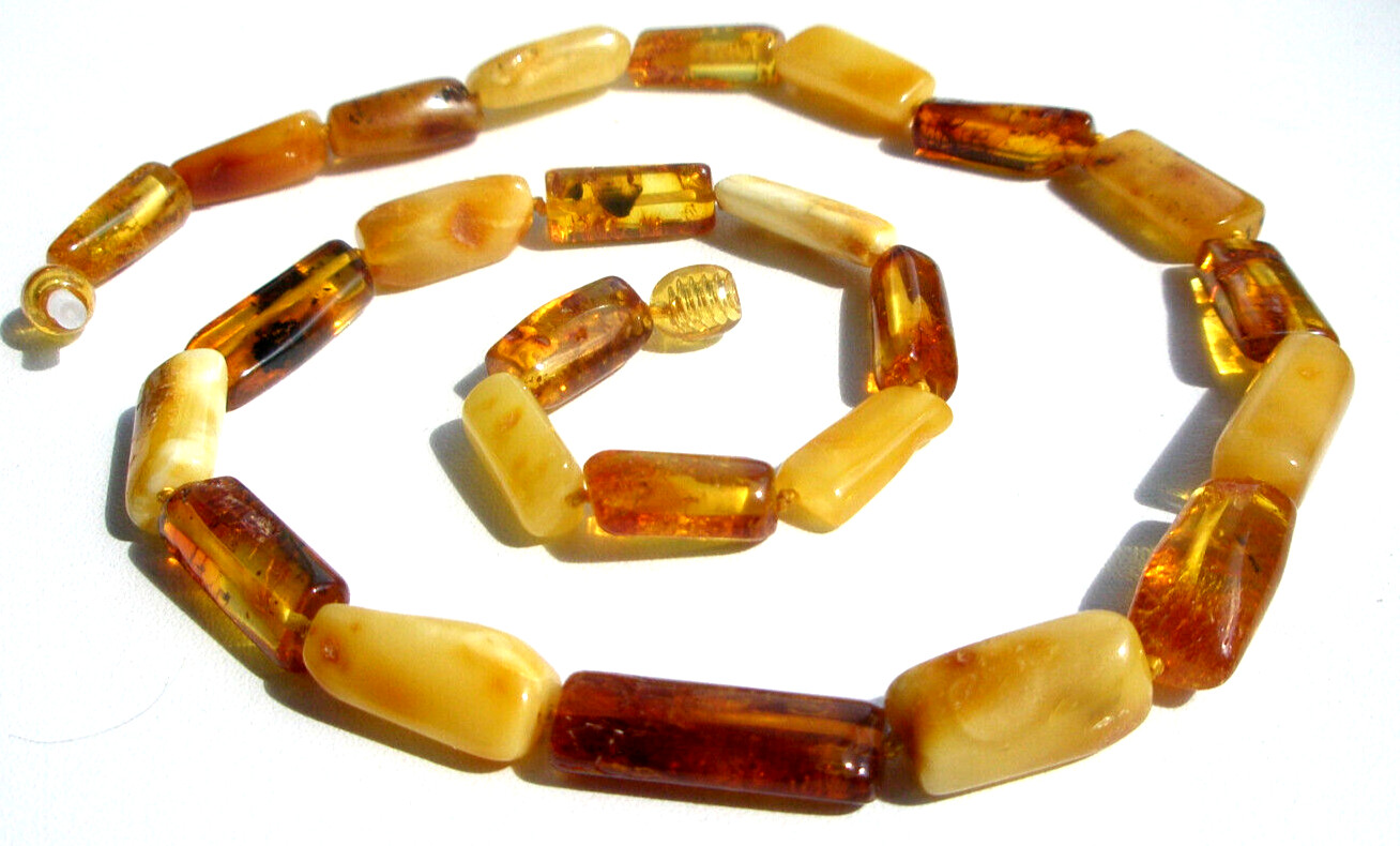 Real Baltic Amber Necklace Elongated Beads Egg Yolk Cognac 48 cm 19” Polished