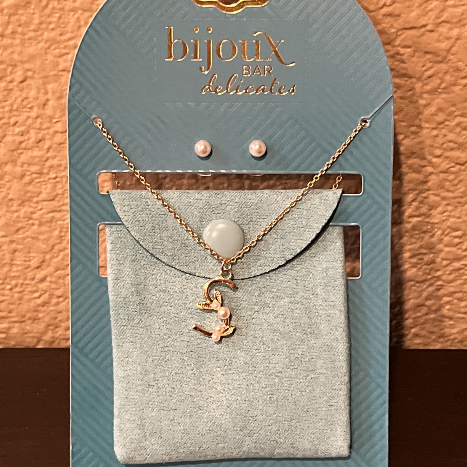 NWT Bijoux Bar Delicates GoldTone Necklace & Stud Earring Set w/Pouch Letter S