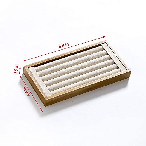 Bamboo Ring Display Holder Jewelry Storage Tray Organizer Ring Beige Velvet