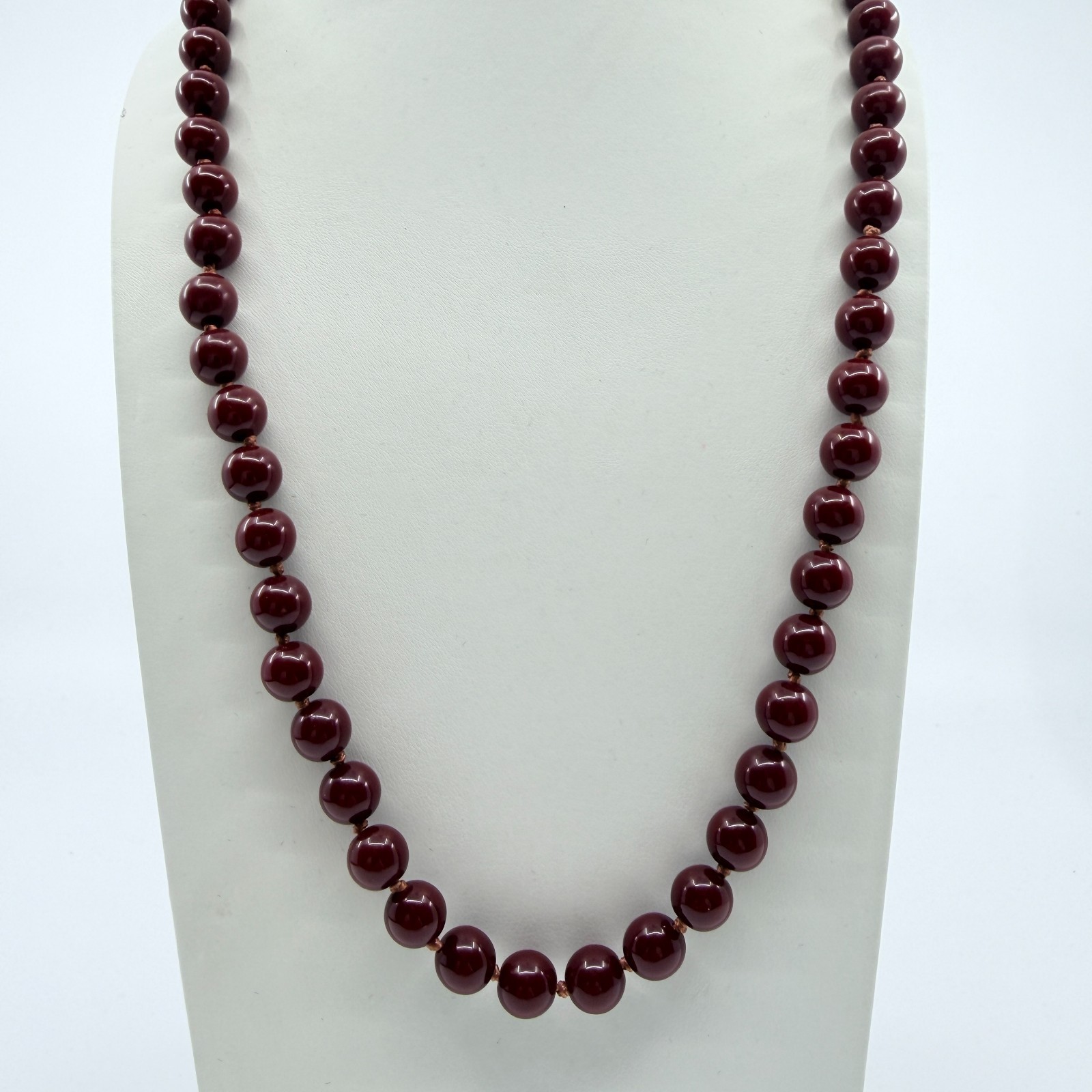 VTG Burgundy Red Glass Simulated Pearl Knotted Strand Necklace Boho Retro