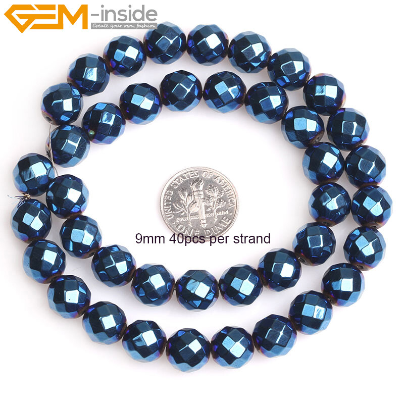 Round Blue Metallic Coated Hematite Faceted Stone Loose Beads Jewelry Making 15‘